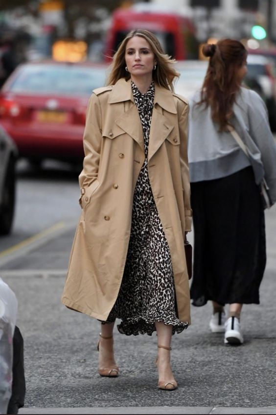 Khaki Trench Over a Printed Dress